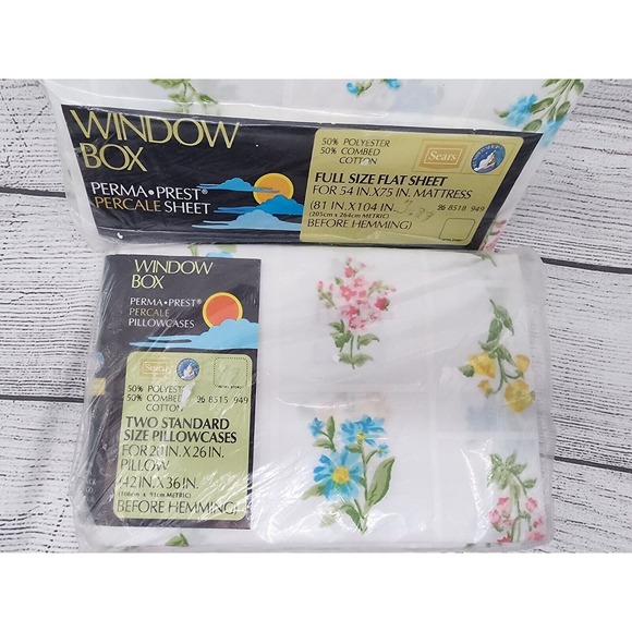 Sears Window Box NOS MCM Full Size Flat Sheet & 2 Standard Pillow Cases Floral - Picture 2 of 4